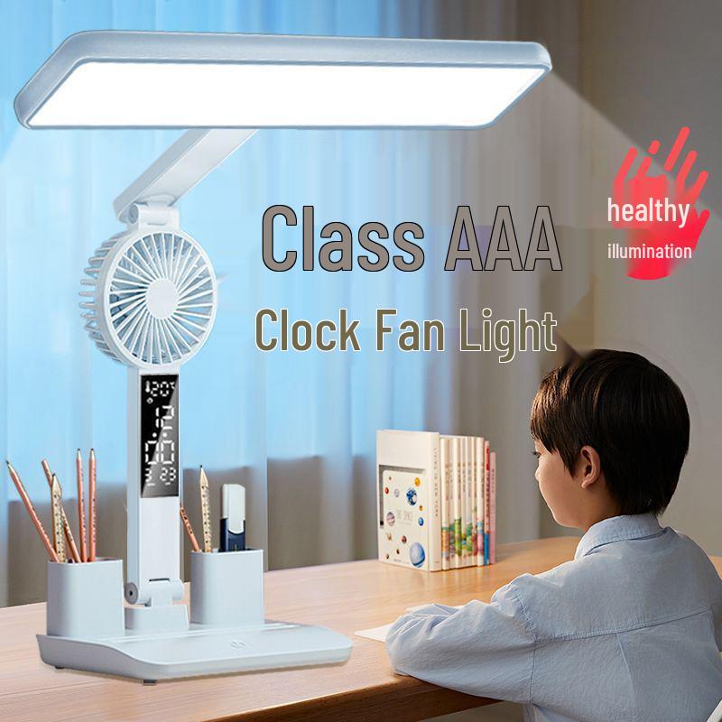 LED Augenschutz-Schreibtischlampe mit Uhr, wiederaufladbare Dual-Use-Ventilatorleuchte, Nachtlicht mit langer Akkulaufzeit