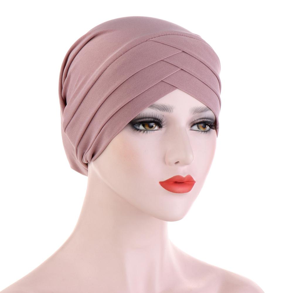 Forehead Cross Muslim Turban Pure Color Stretch Cotton Inner Hijabs For Caps Ready To Wear Women Head Scarf Under Hijab Bonnet