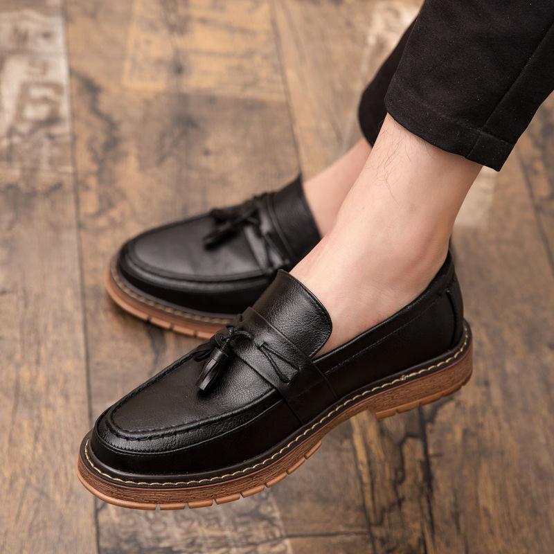 Thick Sole Platform Round Toe Men's Leather Shoes with Tassels Office Loafers Male Casual Shoe Slip-on Retro Sale New In Social