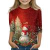 Christmas Day Print Tops For Youth Girls 4-11 Years Round Neck 3/4 Sleeves T-Shirts Trendy Tops Outfit Tees