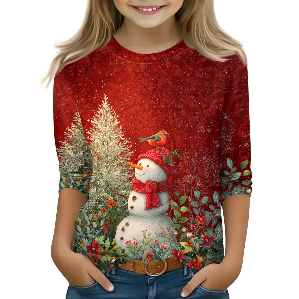 Christmas Day Print Tops For Youth Girls 4-11 Years Round Neck 3/4 Sleeves T-Shirts Trendy Tops Outfit Tees