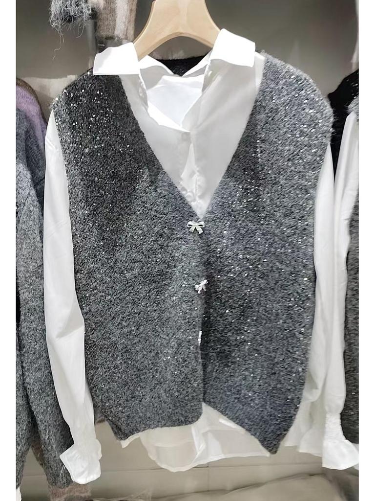 High-End Women's Sequin Knitted Sleeveless Cardigan Vest - Perfect for Layering In Spring, Autumn, and Winter 2025