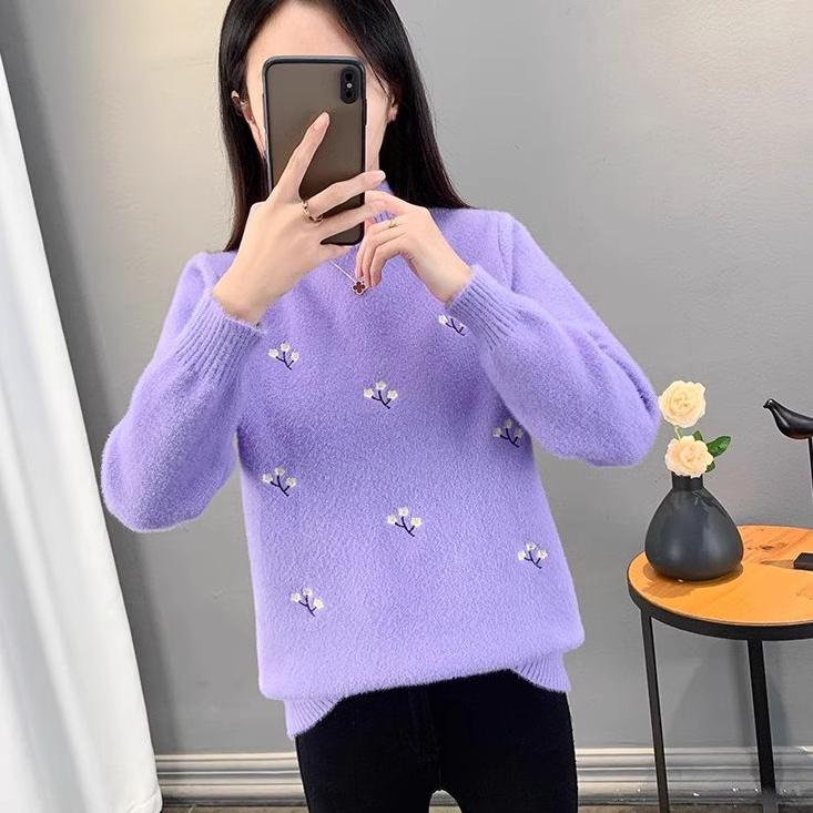 Jesień i zima Nowy półgolf z grubego polaru z norek damski luźny sweter dzianinowy dół top