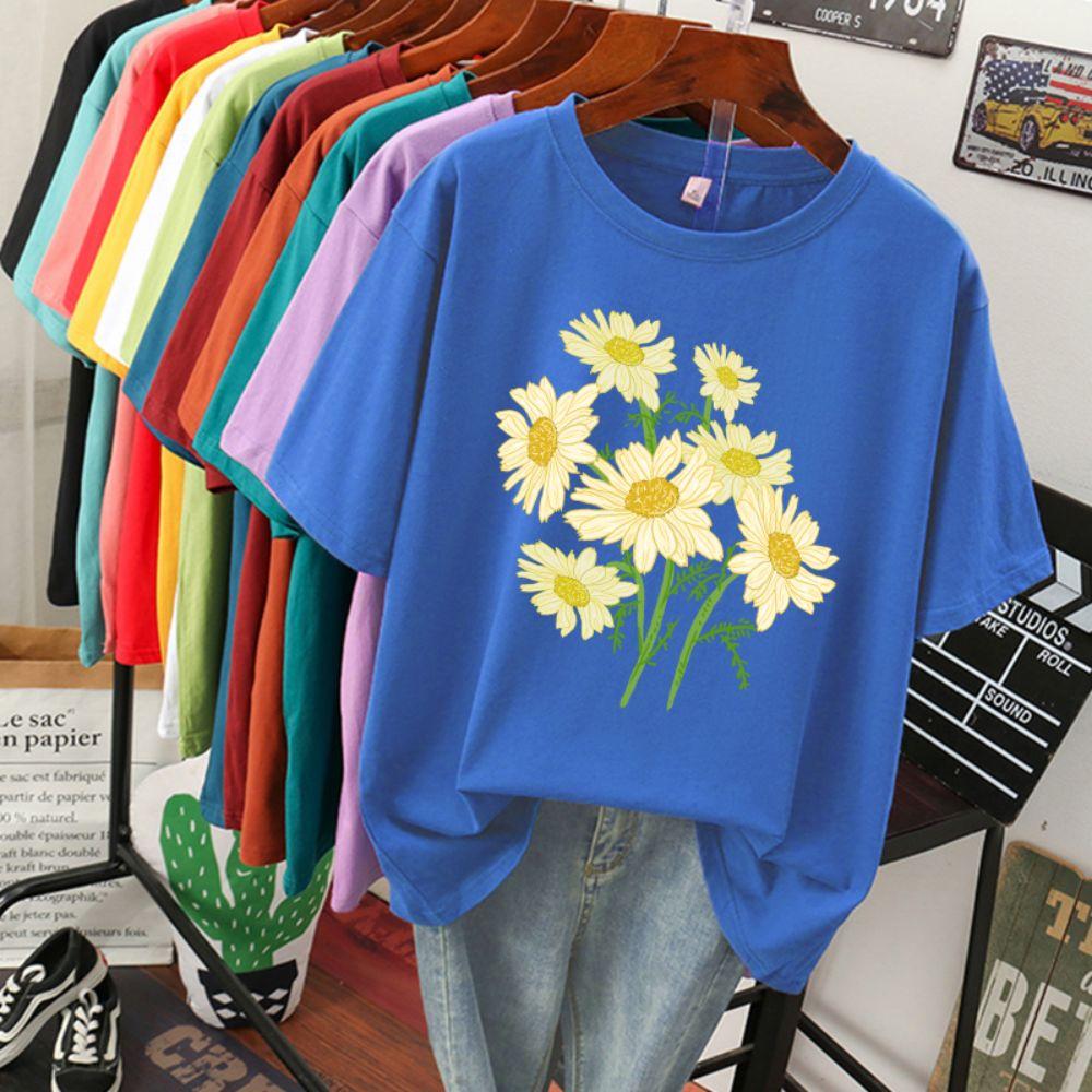Street Baumwolle Damen T-Shirts Frisch Harajuku Gelbe Chrysanthemenblumen Drucke Oberteile Locker Rundhals Weiche T-Shirts Damenbekleidung