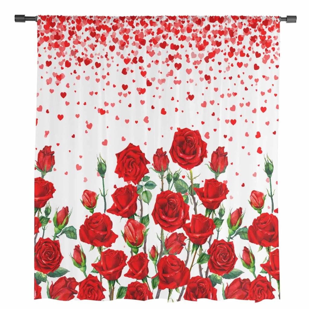 Valentine'S Day Hearts Red Roses Sheer Curtains For Living Room Kitchen Window Curtains Bedroom Tulle Voile Curtains