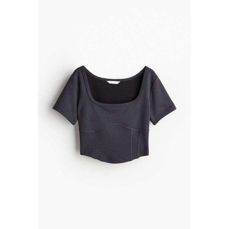

HM Women s T-shirt Fall Heavy Weight Square Collar Short Sleeve Silm Corset Short Tops 1233309 Mixed dark gray 155/80A(XS)
