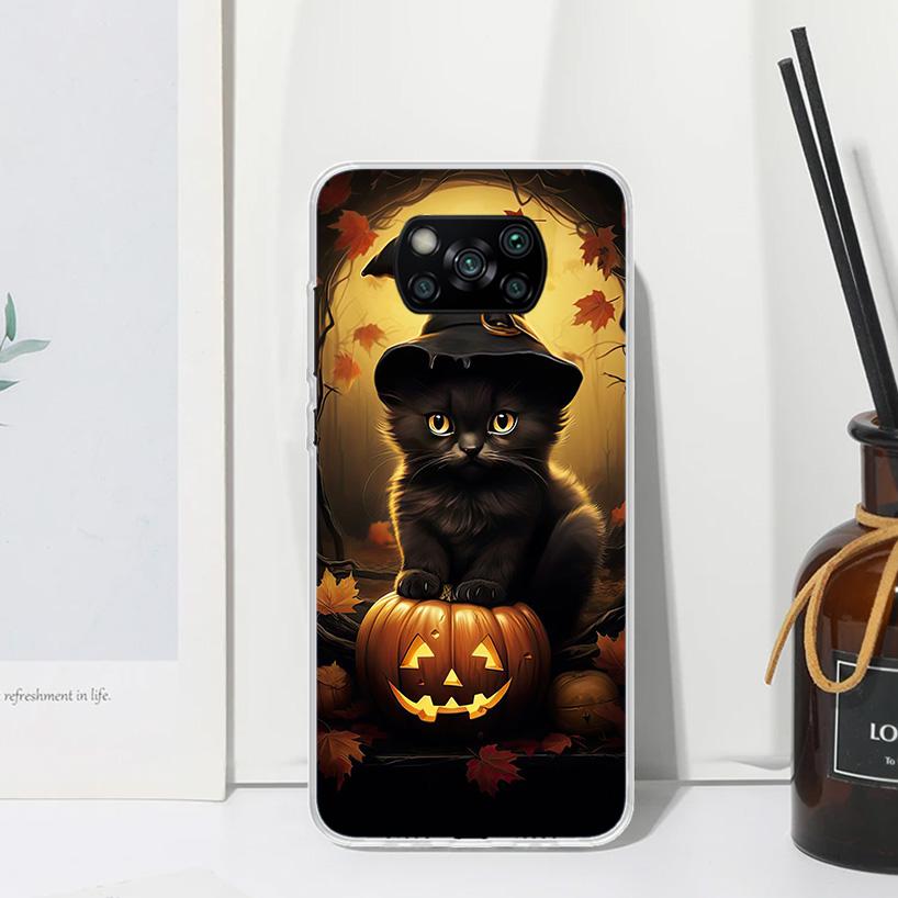 Black Kitten Halloween Pumpkin Phone Case For Xiaomi Poco X7 X6 X5 M7 M8 Pro F7 Ultra Redmi 15C 15 13C 13 12C 12 10 10C 10A Art