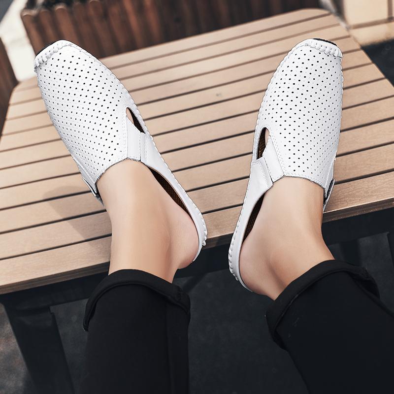 Fashion Classic Mens Casual Leather Boat Shoes Men Loafers Shoes Hollow Out Breathable Half Slipper Flats Lazy Shoes Muller Shoes Man