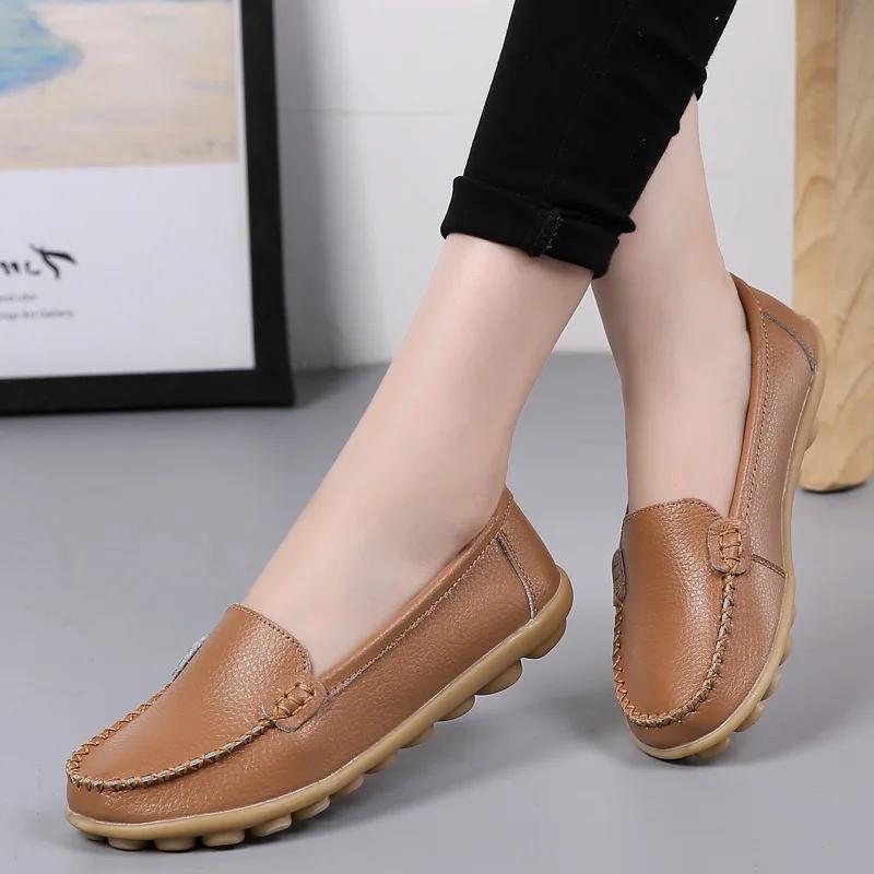 

Genuine Leather Shoes Woman Soft Boat Shoes for Women Flats Shoes Big Size Ladies Loafers Non-Slip Sturdy Sole 35 світло-коричневого кольору