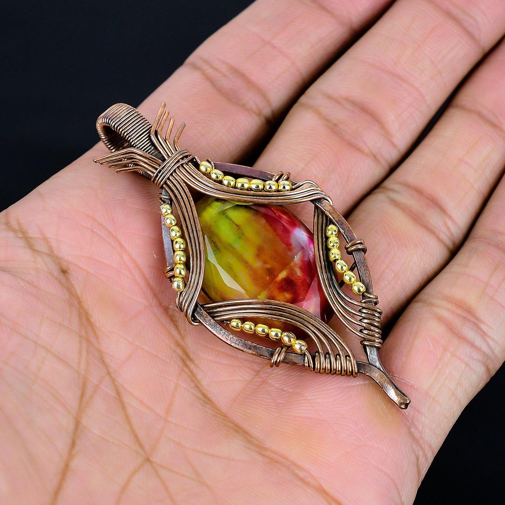 Ammolite Pendant Gemstone Handmade Jewelry, 999 Copper Wire Wrapped Jewelry Pendant, Gift For Wife Jewelry
