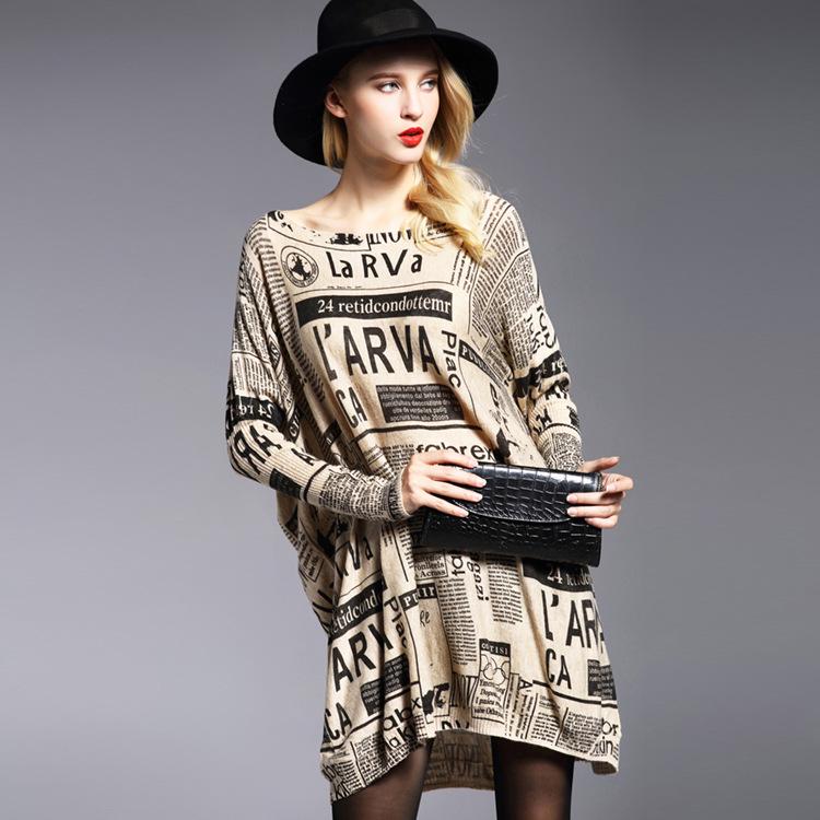 

Autumn Plus Size Women s Newspaper Print Loose Knit Sweater One Size