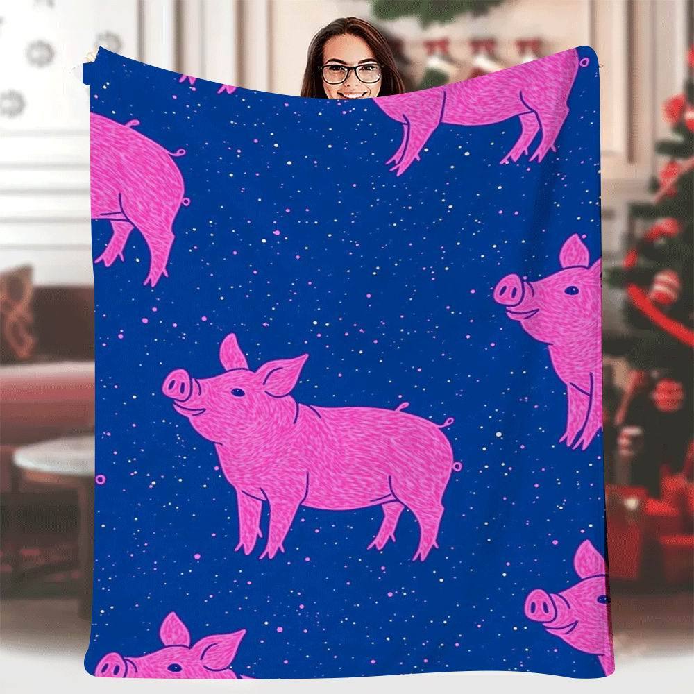 

1pc 60x80 Inch Single-Sided Printed Blanket - Pink Cartoon Pigs & Starry Blue Background, Soft Thread Count Fabric 70x100cm28x39in