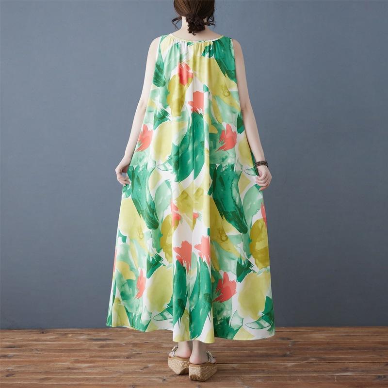 2025 summer new large size Korean version loose chiffon printing round neck sleeveless medium and long dress