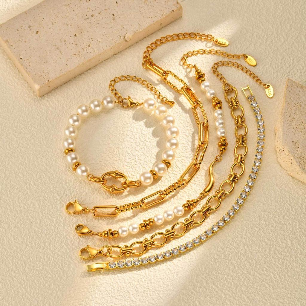 Elegant Pearl Cubic Zirconia Bracelets for Women, Stainless Steel Stackable Bracelet Chunky Jewelry