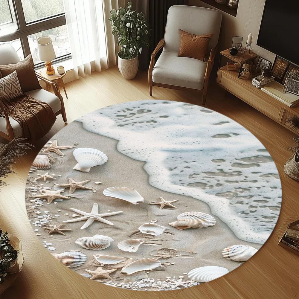Wave Beach Printed Circular Carpet Nordic Style Minimalist Shell Starfish Carpet Living Room Bedroom Entrance Anti Slip Rug