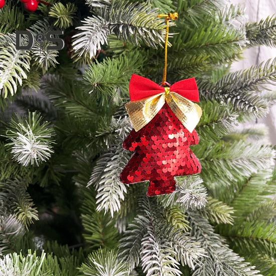 6Pcs Christmas Tree Ornaments Tree Shape Sequin Pendant with Bow for Christmas Trees Walls Doors Parties Wedding Decor