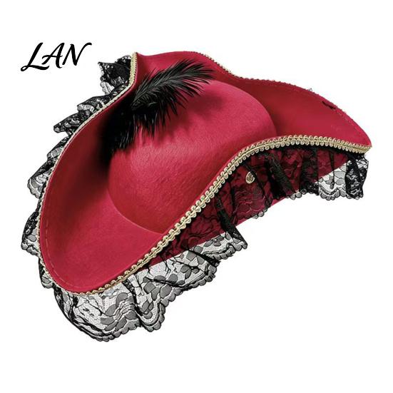 Sombrero de Disfraz Accesorio Halloween Sombrero de Pirata, Accesorio de Capitán, con Encaje Burdeos Accesorio Cómodo Y Decoración Plumada, Ligero Vintage
