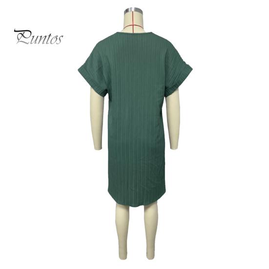 Summer Women Dress V Neck Button Short Sleeves Loose Solid Color Pullover Casual Daily Wear Dating Mini Dress