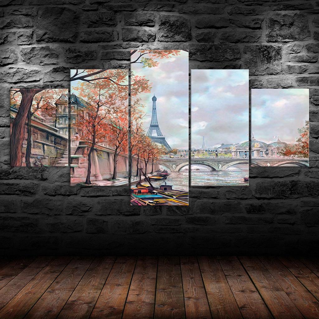 Romantic Paris Eiffel Tower Painting 5 Piece Five Panel Wall Canvas Print Modern Art Poster Picture Home Decor Gift For Him For Her