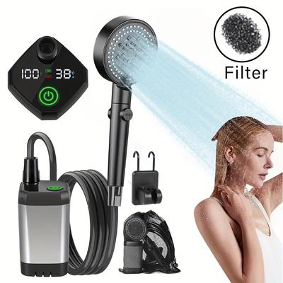 Doccia portatile con display digitale intelligente e spugna filtrante, batteria ricaricabile USB da 6000 mAh, doccia da campeggio leggera per esterni, campeggio