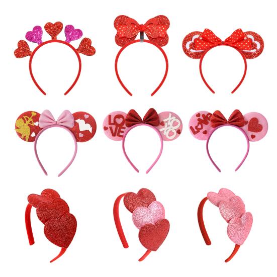 Tiara de Dia dos Namorados Glitter Vermelho Rosa Coração Faixa de Cabelo Brilhante Fofa Acessórios de Cabelo de Orelha para Dia dos Namorados Aniversário Festa de Casamento Fantasia