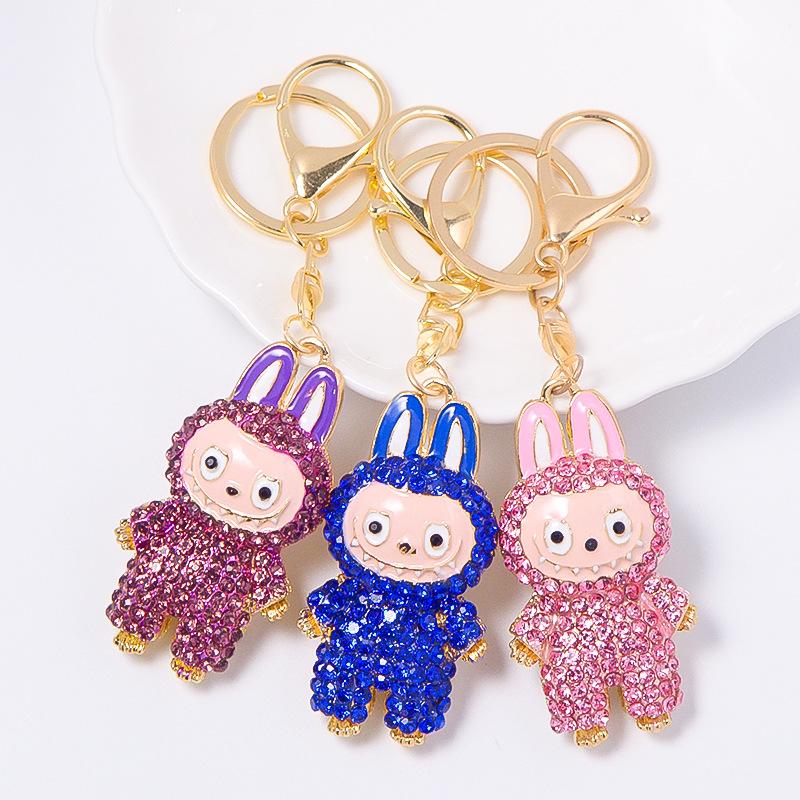 Cross Border Popular Cartoon Doll with Canvas Keychain, Small Pendant Accessories, Rhinestone Metal Rabbit Keychain