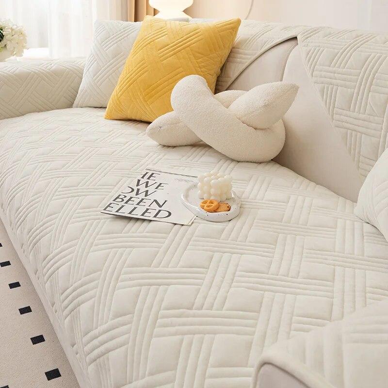 Winter Thickened Plush Sofa Mat Dust Proof Anti Slip Sofa Cover Pillowcase  Solid Color Checkered Sofa Backrest Armrest Towel