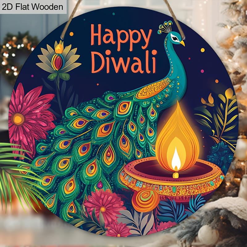 Highdefinition Metal Tin Sign Happy Diwali Peacock Diya Round Wall Art Vibrant Festival Themed Decor for Home Pooja Room 20x20cm(8x8inch)