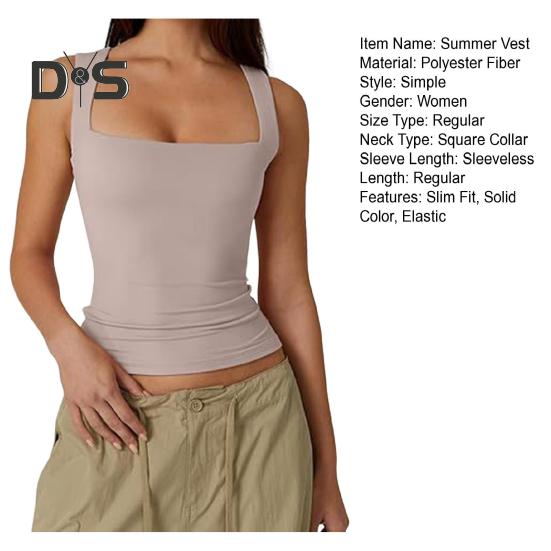 Summer Vest Women Solid Color Square Collar Slim Fit Tank Top Wide Shoulder Straps Breathable Vest Daily Wear