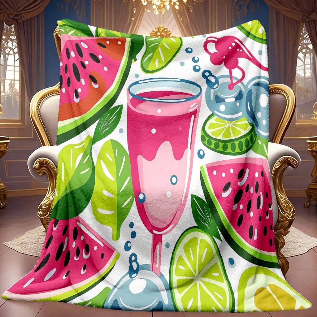 1pc 2D Watermelon Lime Drink Theme Pattern Flannel Blanket, Soft HD Digital Print, Cooling Blanket for All Seasons! Soft And Breathable 100% Polyester