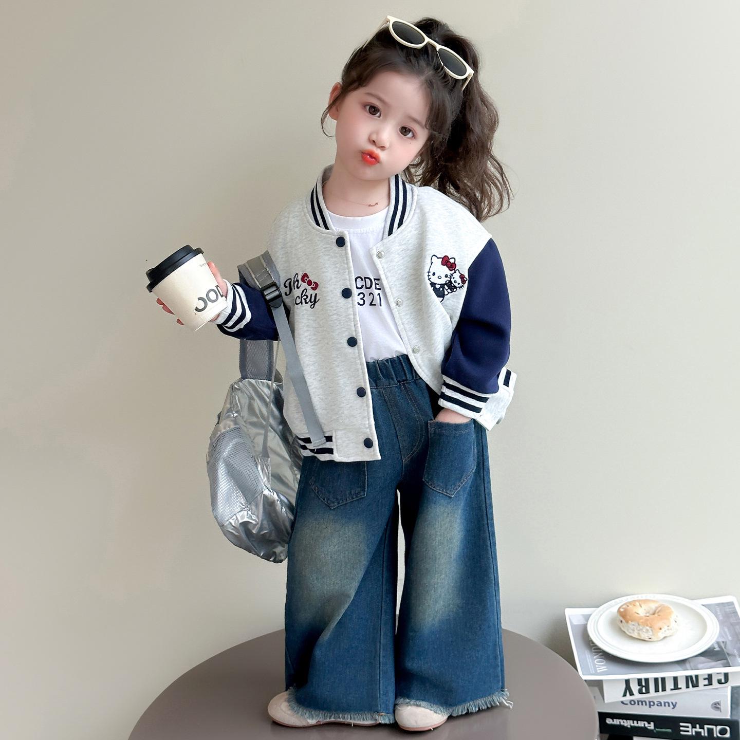 

2025 Girls Korean Style Color Block KT Cat Baseball Jacket - Spring/Autumn Fashion 120 cm