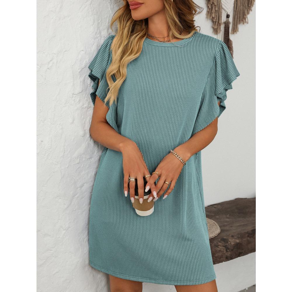 Summer New Women's Clothing Contrasting Color Twisted Strip Lotus Leaf Sleeve Mid Length Dress
