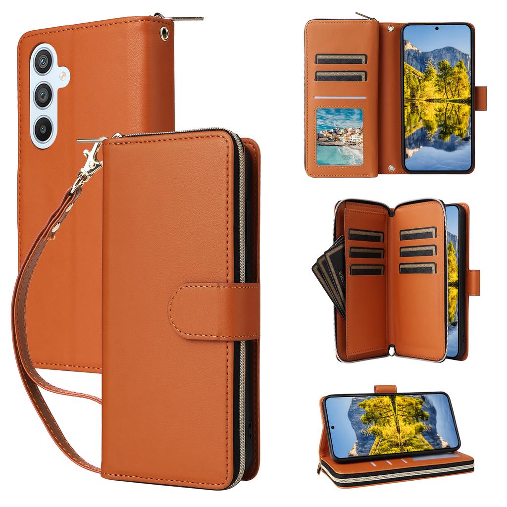 R20 For Samsung Galaxy A54 5G Case 9 Card Slots PU Leather Phone Cover with 2 Straps