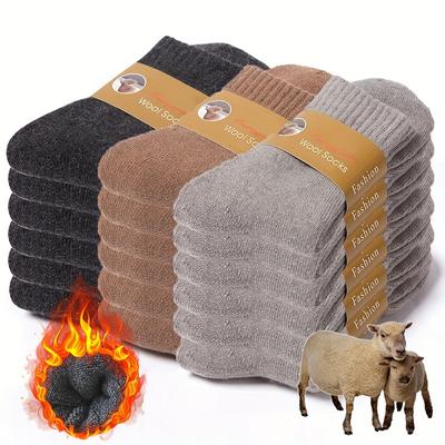 6 Pairs Men's Casual Solid Wool Knit Socks, Thick Soft Warm Breathable Sweat Absorption Comfy Crew Socks, Boys Socks for Autumn Winter