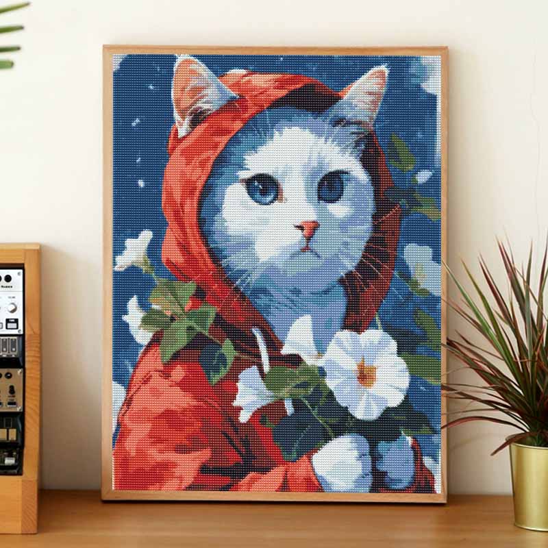 DIY Full Drill Diamond Painting Kit Cute Cat In Red Hood Floral Rhinestone Art Canvas for Cozy Home Decor Gift and Wall Art Supplies