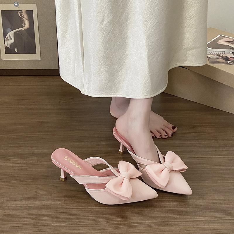 High-heeled Half-bag Head Slippers Women's Spring and Summer 2025 French Pointed Bow Hollow Fairy Style Pink Sandals