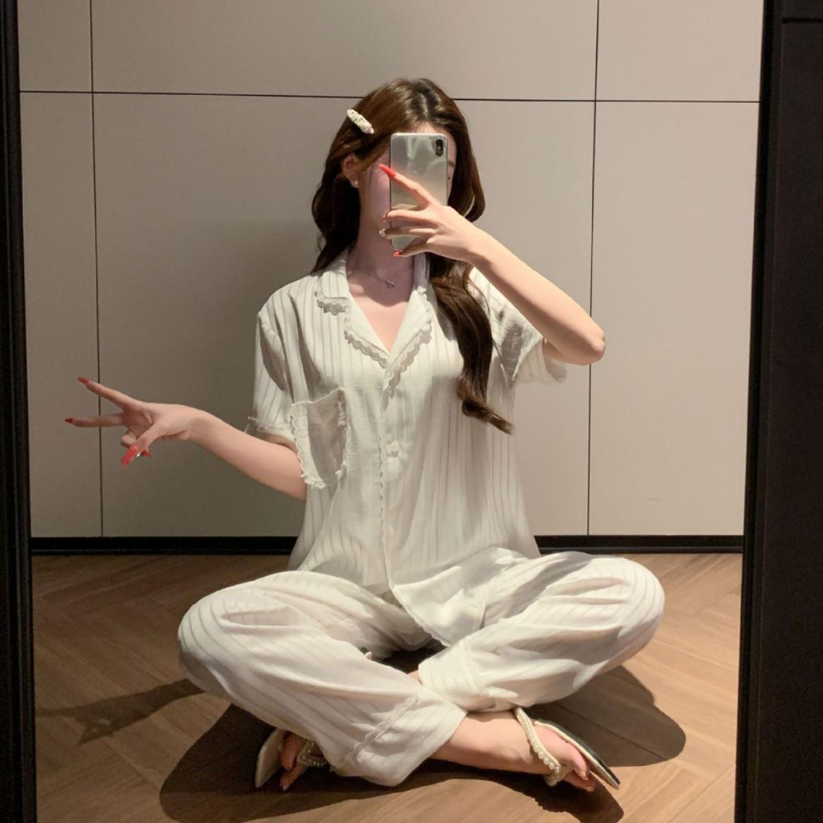 Women s Summer Hollow Stripe Lace-Trim Ice Silk Pajamas Large