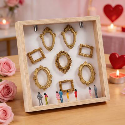 DIY Mini Photo Frame Museum Silhouette Box Lighted Personalized Family Memory Display Case Frame Kit with 8 Mini Figurines And 8 Gold Photo Frames