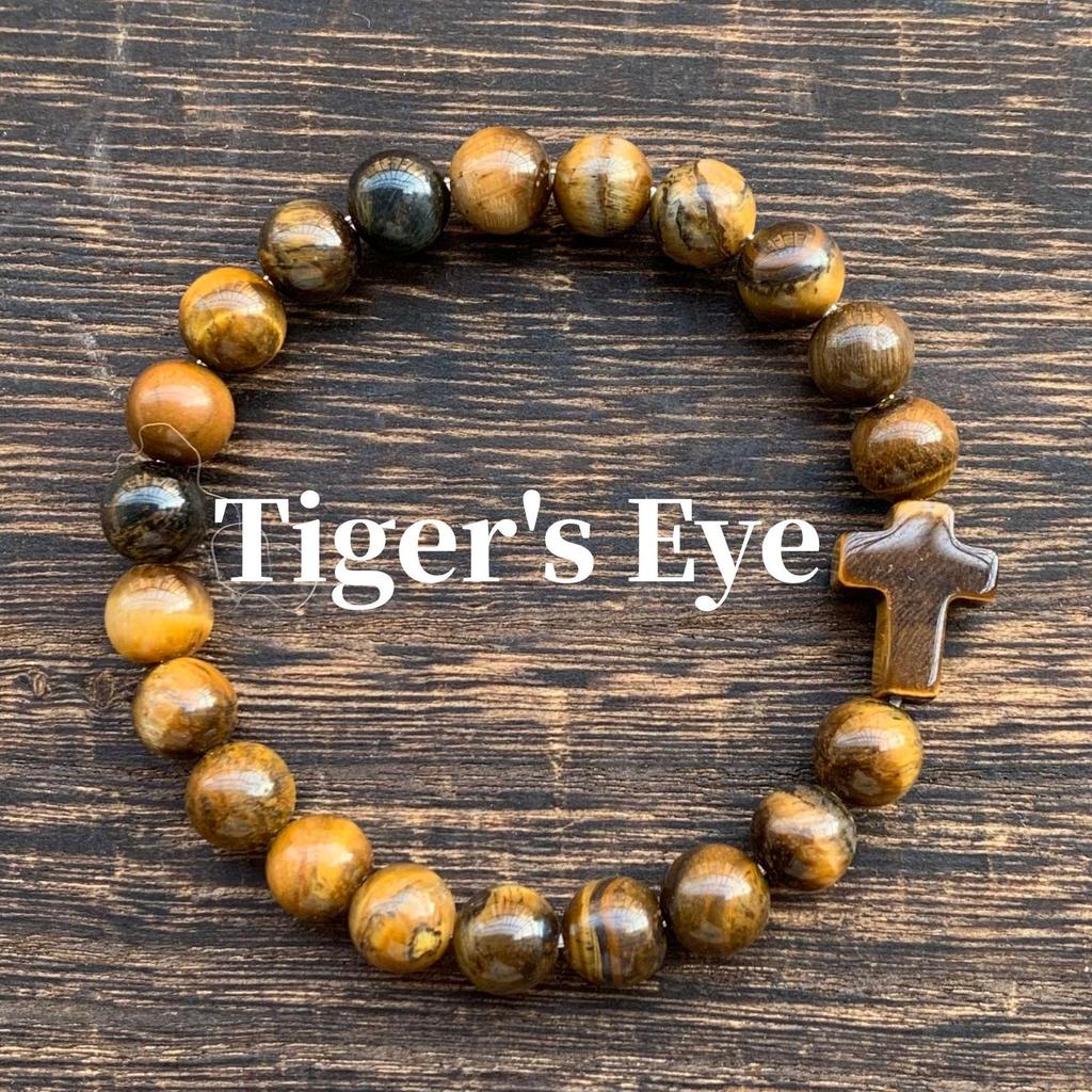 Natürliches Tigerauge, Grüner Aventurin, Türkis und Malachit Kreuz Perlenarmband