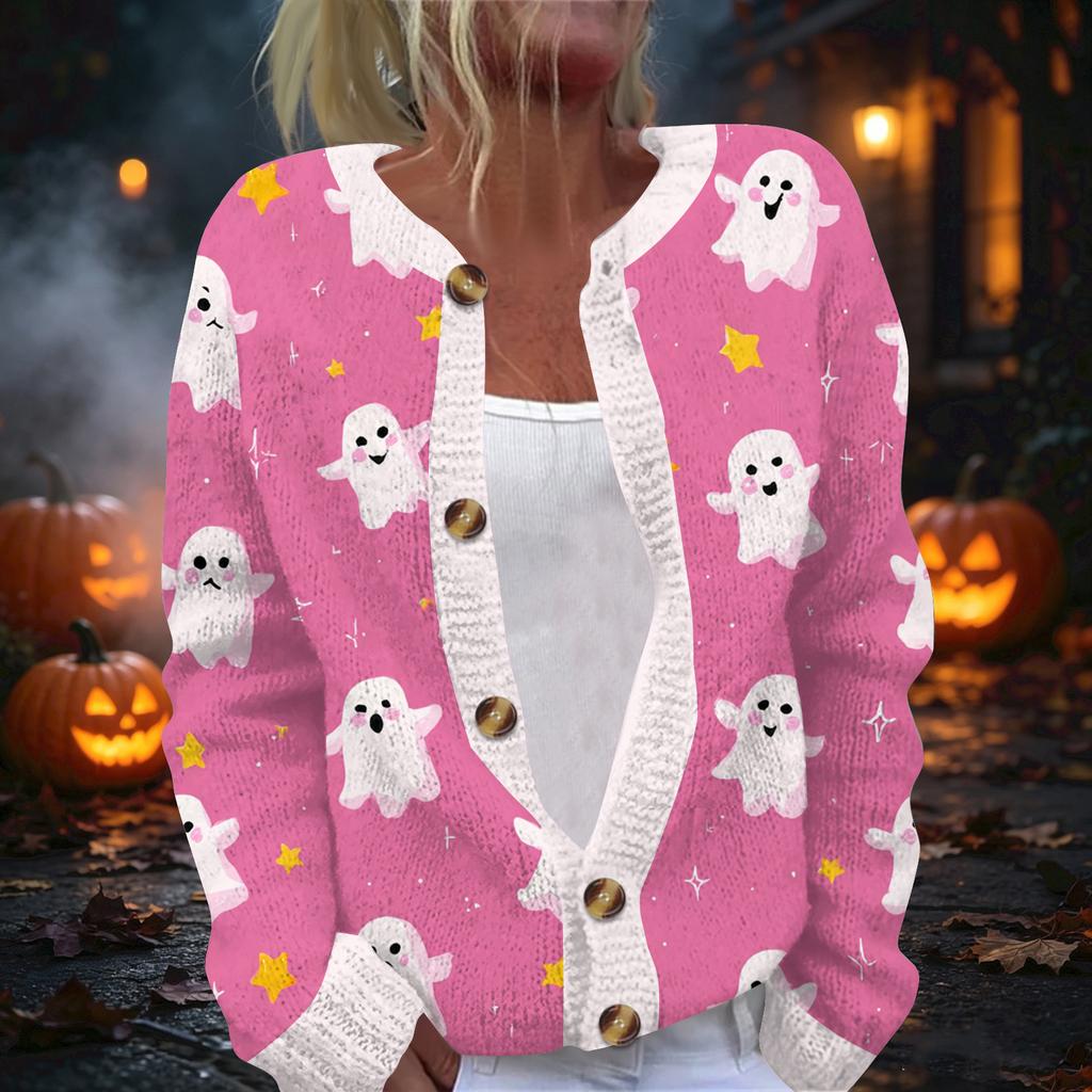Damski kardigan z dzianiny z nadrukiem na Halloween, z długim rękawem, zapinany na guziki