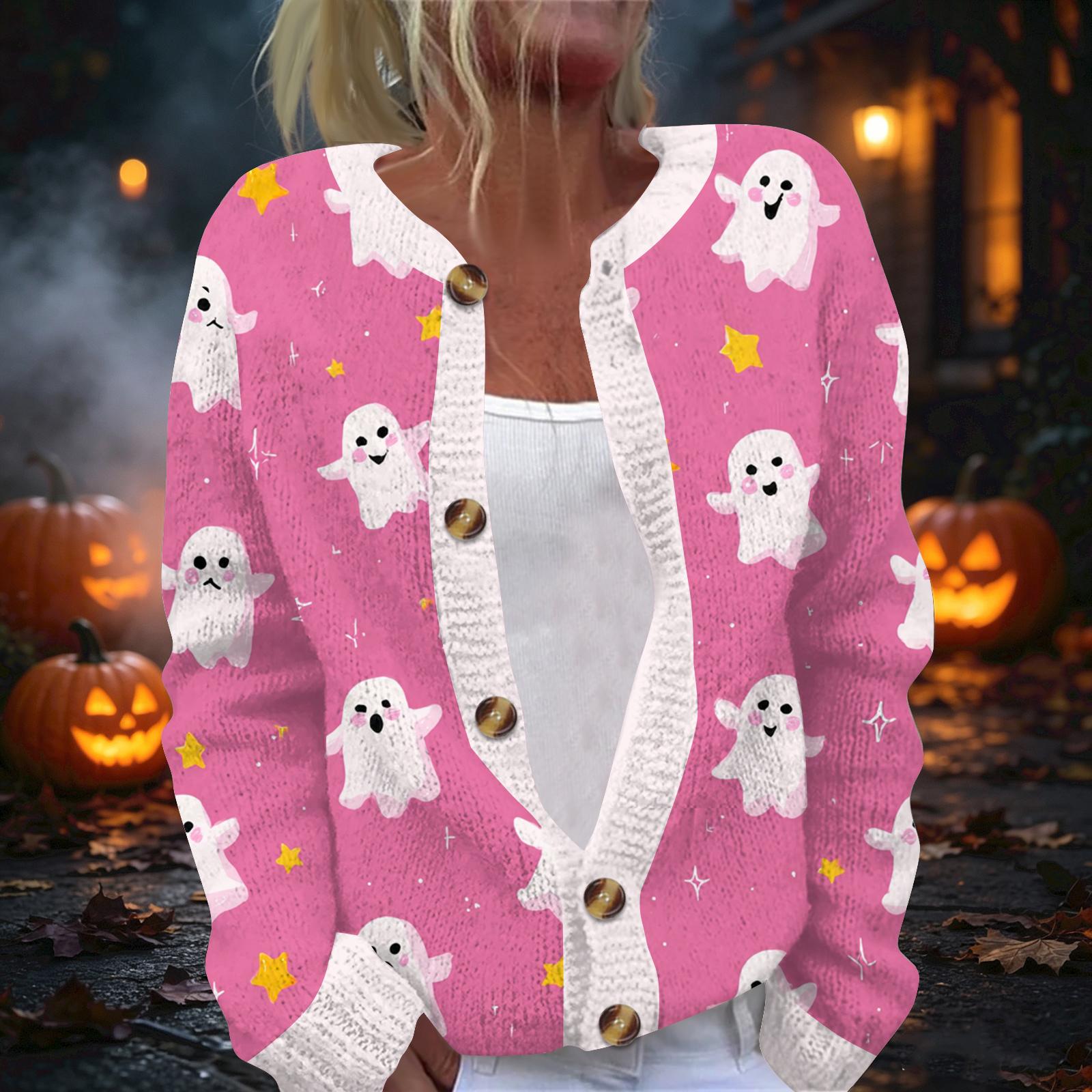 Women s Halloween Print Long Sleeve Knit Button Front Cardigan S