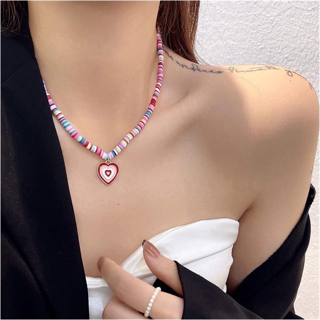 Surfer Heishi Choker Necklace for Women Soft Polymer Clay Necklace Clay Record Disc Beads Necklace Love Heart Pendant Necklace Boho Beach Necklace