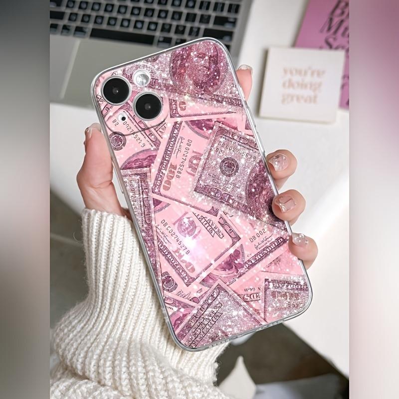 Una custodia trasparente rosa a forma di dollaro, adatta per telefoni serie iPhone 17, 16, 15, Plus, Pro, Max - può essere utilizzata come gif