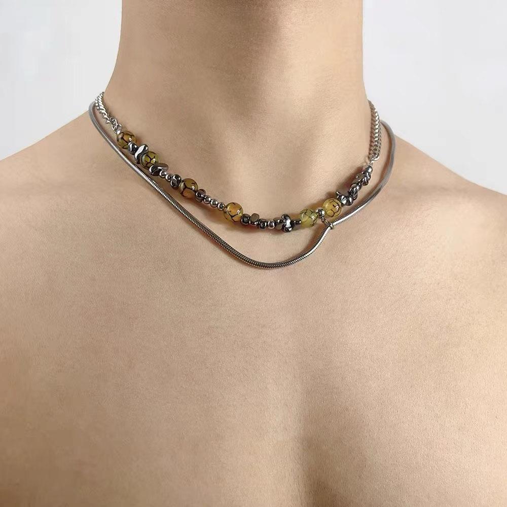Trendy Amber Stone Spliced Irregular Beading Snake Bone Chains Double-layer Couple Necklaces for Women Men Jewelry Does Not Fade