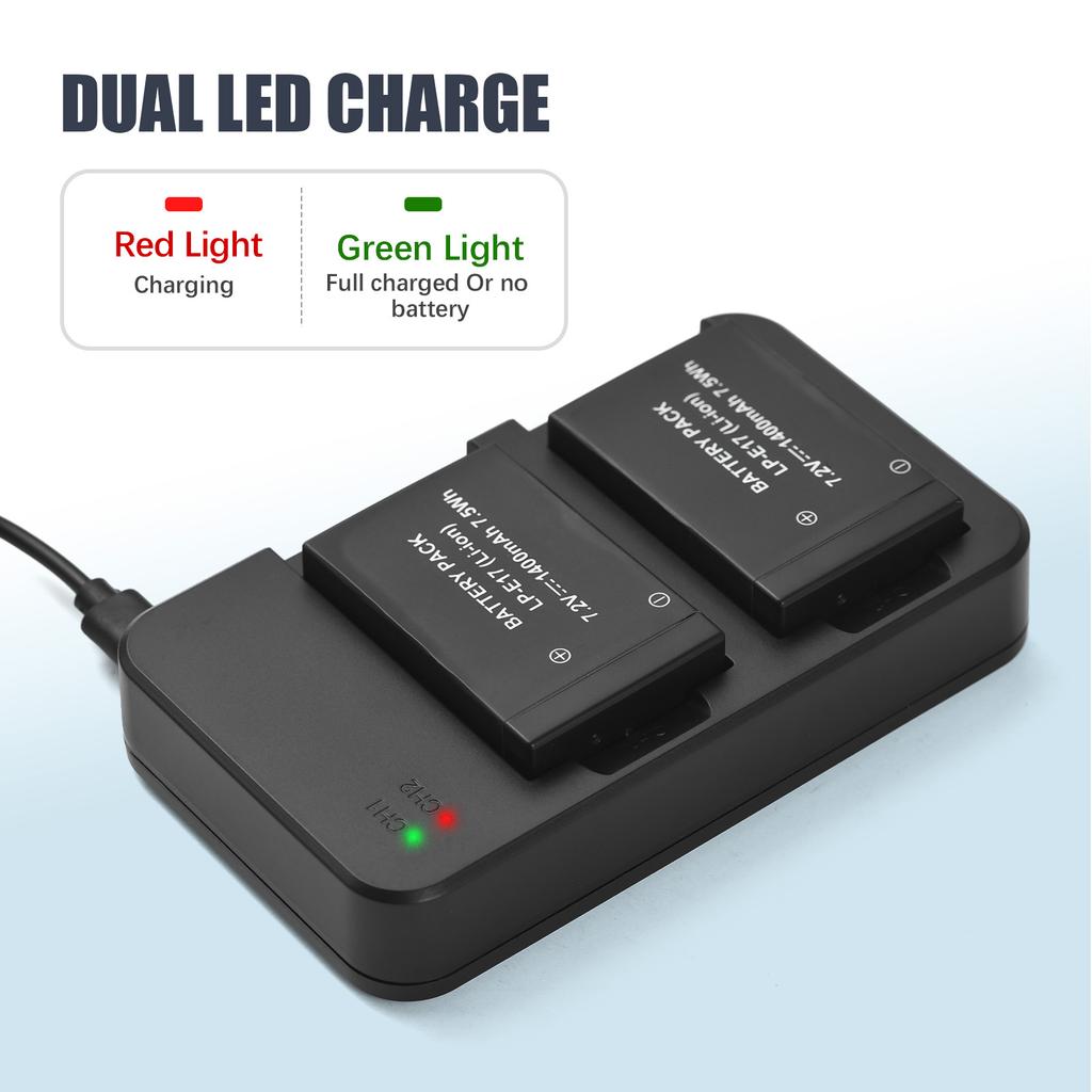 Camera LP E17 Battery & Charger Kit with 2 slot Battery Charger + 2pcs LP E17 Batteries 7.2V 1400mAh + USB Charging