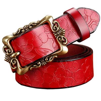 Fashion Wide Genuine Leather Belts for Women Vintage Floral Pin Buckle Woman Belt High Quality Second Layer Cow Skin Jeans Strap