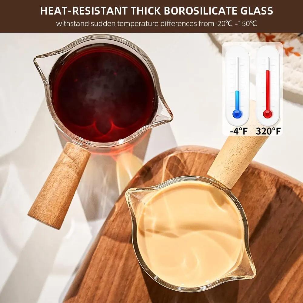 1-piece Glass Measuring Cup with Wooden Handle, Transparent Design, Double/single Spout, Suitable for Espresso or Milk.