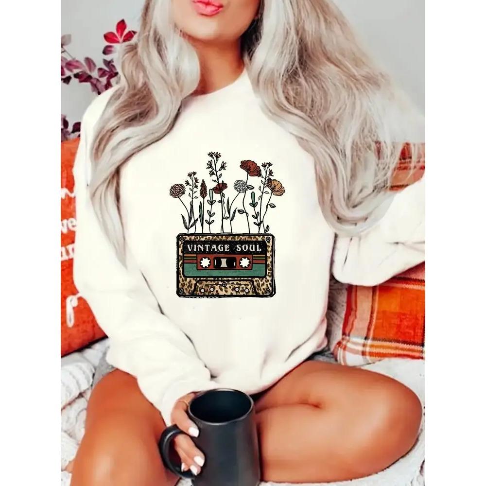 Women Fashion Leopard Vintage Flower Long Sleeve Print Sweatshirts Clothes Ladies Clothing Graphic Pullovers