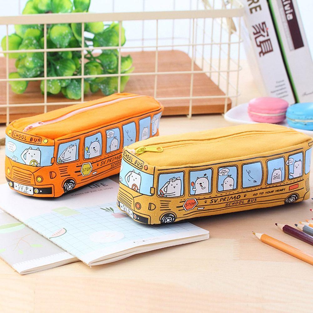 Canvas Bus Pen Bag Zipper Pen Box Cartoon Stationery Storage Bag School Office