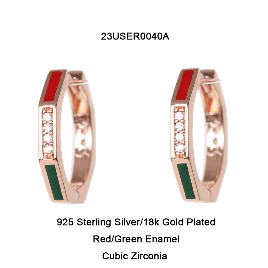 Mezmic Red-Green Octagonal Silver Earrings